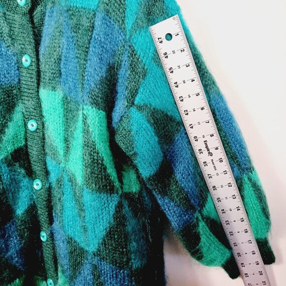 Mohair Label Irish Mohair & Wool Geo Print Cardigan, Greens & Peacock Blue ? Med - Picture 14 of 16